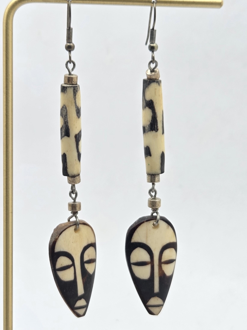 Vintage African Carved Bone Mask Dangle Earrings Tribal Batik Beads